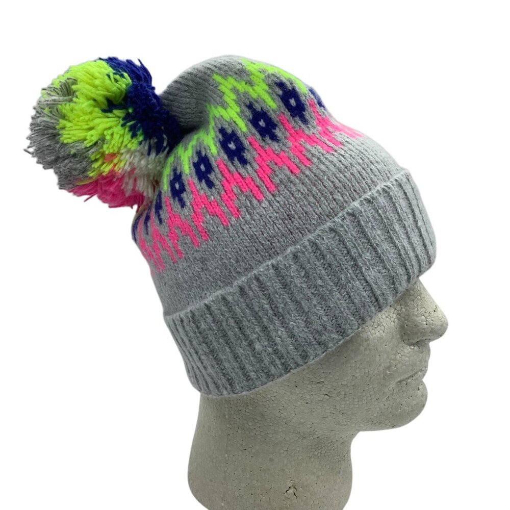 Aeropostale Gray Knit Pom Beanie‎ Hat Neon Pink Green Fair Isle Pattern NWOT